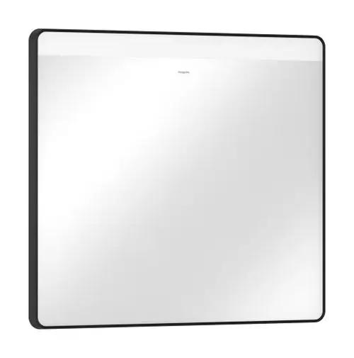 Spiegel mit mattschwarzem Rahmen und horizontaler LED-Beleuchtung, hergestellt von Hansgrohe. Ideal für Wände in Badezimmern oder modernen Wohnräumen.